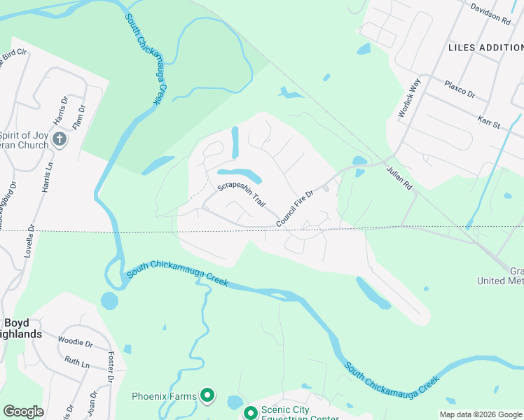 map of restaurants, bars, coffee shops, grocery stores, and more near 7806 Scrapeshin Trail in Chattanooga