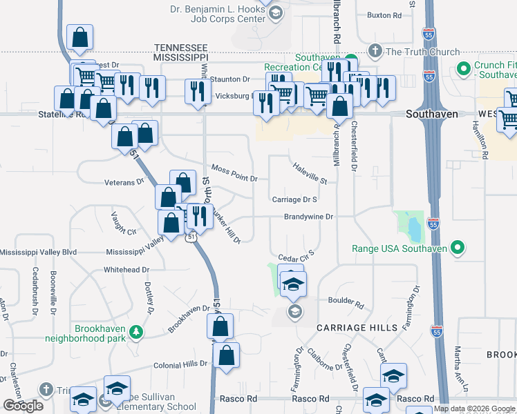 map of restaurants, bars, coffee shops, grocery stores, and more near 8711 Yorktown Drive in Southaven