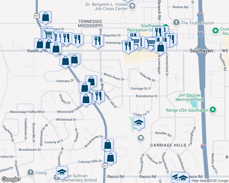 map of restaurants, bars, coffee shops, grocery stores, and more near 1400 Ranger Drive in Southaven