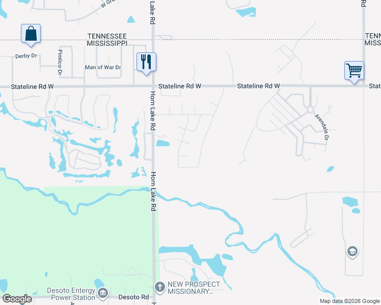 map of restaurants, bars, coffee shops, grocery stores, and more near 3817 Farm Pond Cove East in Southaven