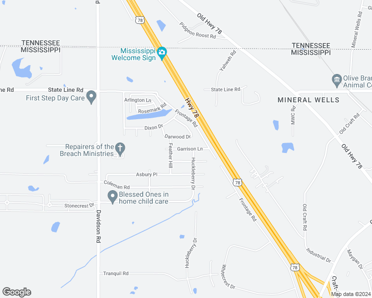 map of restaurants, bars, coffee shops, grocery stores, and more near Garrison Lane in Olive Branch