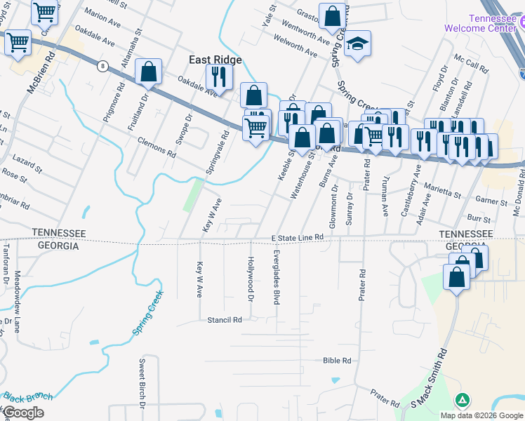 map of restaurants, bars, coffee shops, grocery stores, and more near 1645 Keeble Street in Chattanooga