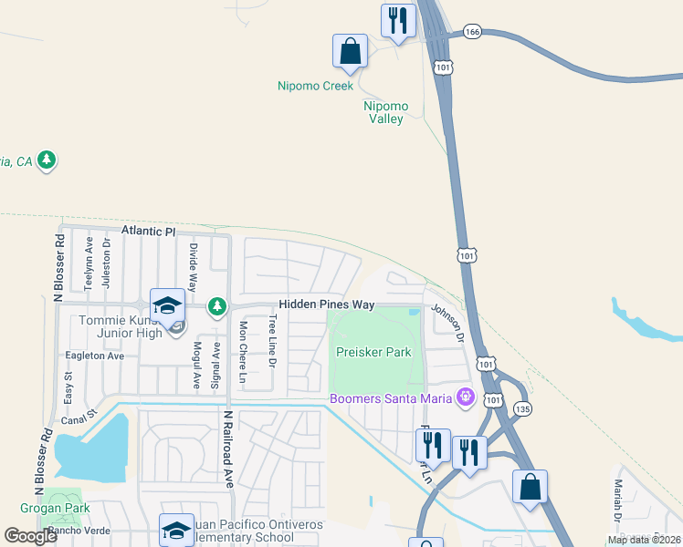 map of restaurants, bars, coffee shops, grocery stores, and more near 2436 Lilac Street in Santa Maria