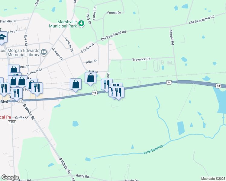 map of restaurants, bars, coffee shops, grocery stores, and more near 7206 Marshville Boulevard in Marshville