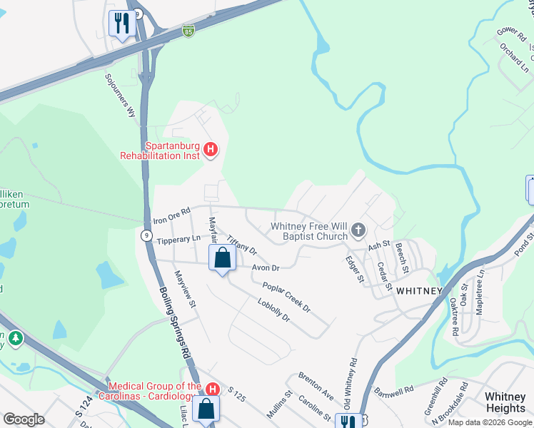map of restaurants, bars, coffee shops, grocery stores, and more near 972 Iron Ore Road in Spartanburg