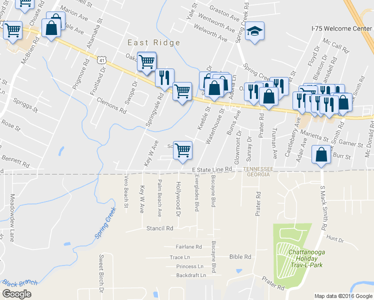 map of restaurants, bars, coffee shops, grocery stores, and more near 1645 Keeble Street in Chattanooga