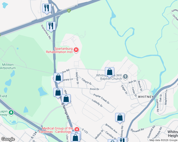 map of restaurants, bars, coffee shops, grocery stores, and more near 986 Iron Ore Road in Spartanburg