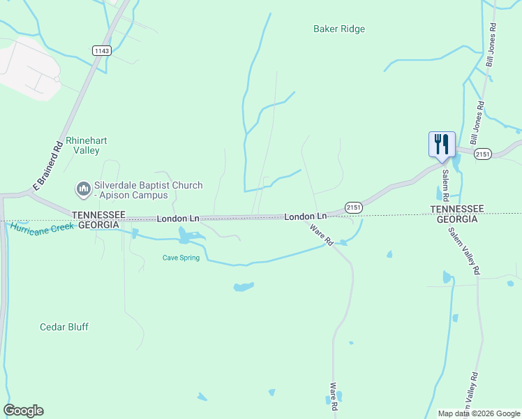 map of restaurants, bars, coffee shops, grocery stores, and more near 1100 Trew Lane in Apison