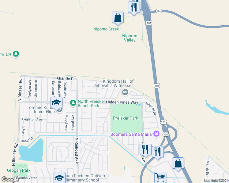 map of restaurants, bars, coffee shops, grocery stores, and more near 2436 Lilac Street in Santa Maria