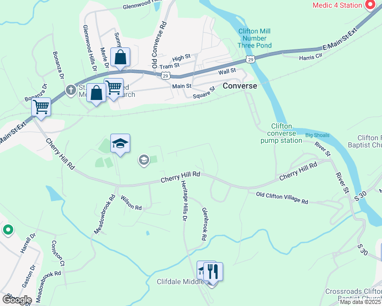 map of restaurants, bars, coffee shops, grocery stores, and more near 245 Harding Drive in Spartanburg
