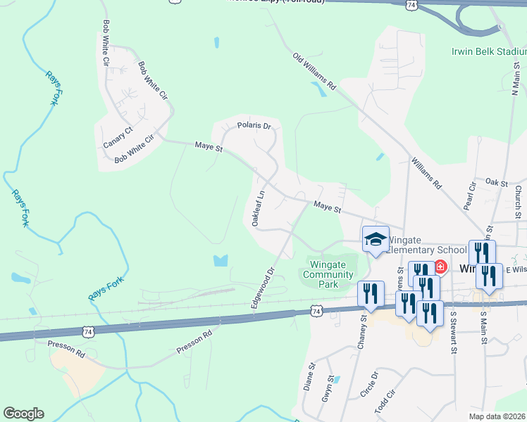 map of restaurants, bars, coffee shops, grocery stores, and more near 129 Oakleaf Lane in Wingate