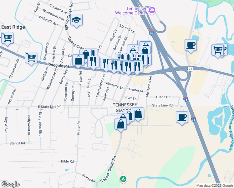 map of restaurants, bars, coffee shops, grocery stores, and more near 1607 South Smith Street in Chattanooga