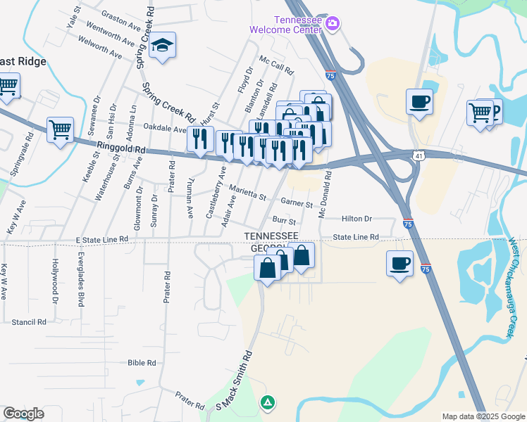 map of restaurants, bars, coffee shops, grocery stores, and more near 1603 South Mack Smith Road in Chattanooga