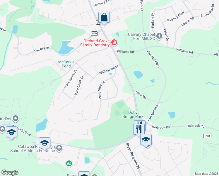 map of restaurants, bars, coffee shops, grocery stores, and more near 110 Pebble Creek Crossing in Fort Mill