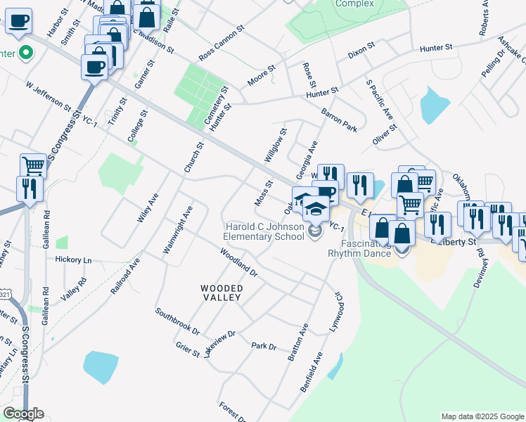 map of restaurants, bars, coffee shops, grocery stores, and more near 205 Moss Street in York