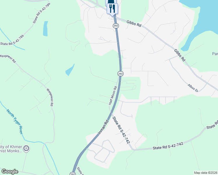 map of restaurants, bars, coffee shops, grocery stores, and more near 184 Half Moon Road in Wellford
