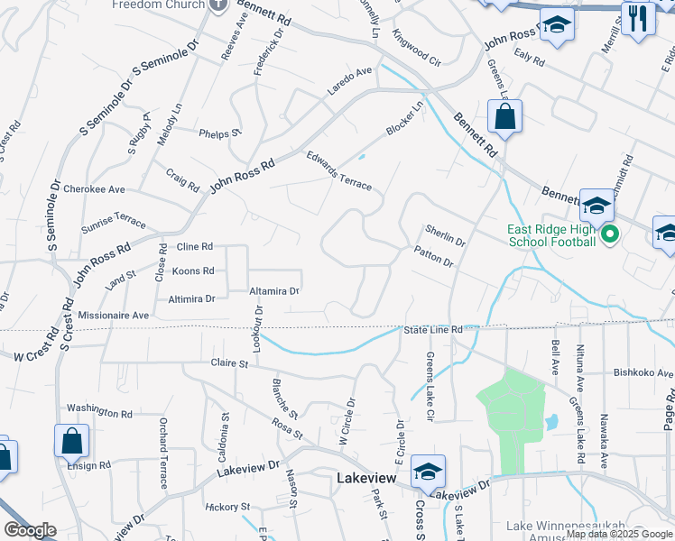 map of restaurants, bars, coffee shops, grocery stores, and more near 3928 South Mission Oaks Drive in Chattanooga