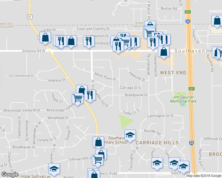 map of restaurants, bars, coffee shops, grocery stores, and more near 8711 Yorktown Drive in Southaven