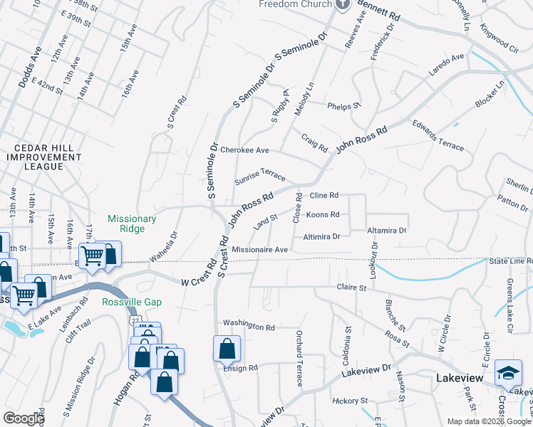 map of restaurants, bars, coffee shops, grocery stores, and more near 3427 Land Street in Chattanooga