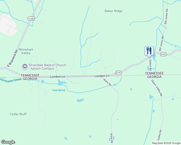 map of restaurants, bars, coffee shops, grocery stores, and more near 1100 Trew Lane in Apison