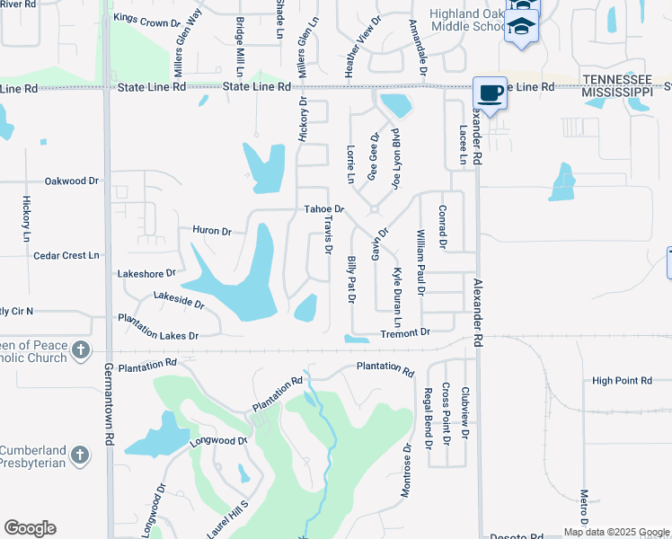 map of restaurants, bars, coffee shops, grocery stores, and more near 9030 Travis Drive in Olive Branch
