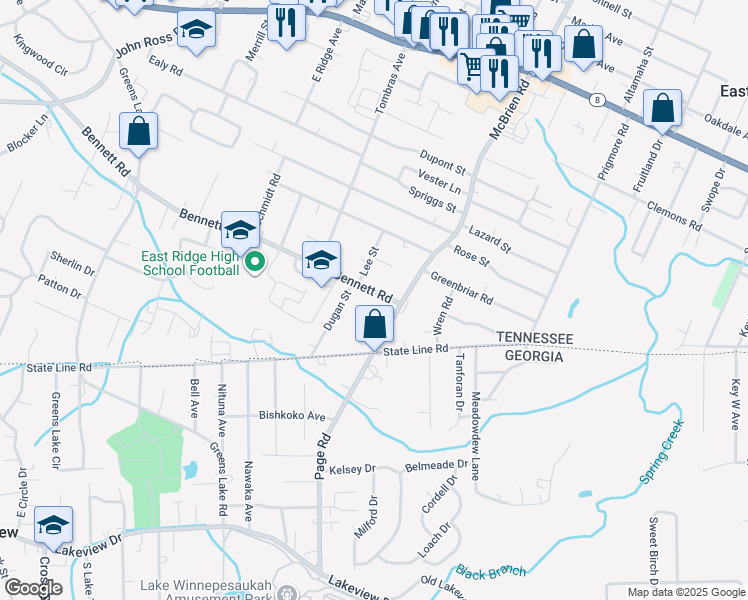 map of restaurants, bars, coffee shops, grocery stores, and more near 4512 Bennett Road in Chattanooga