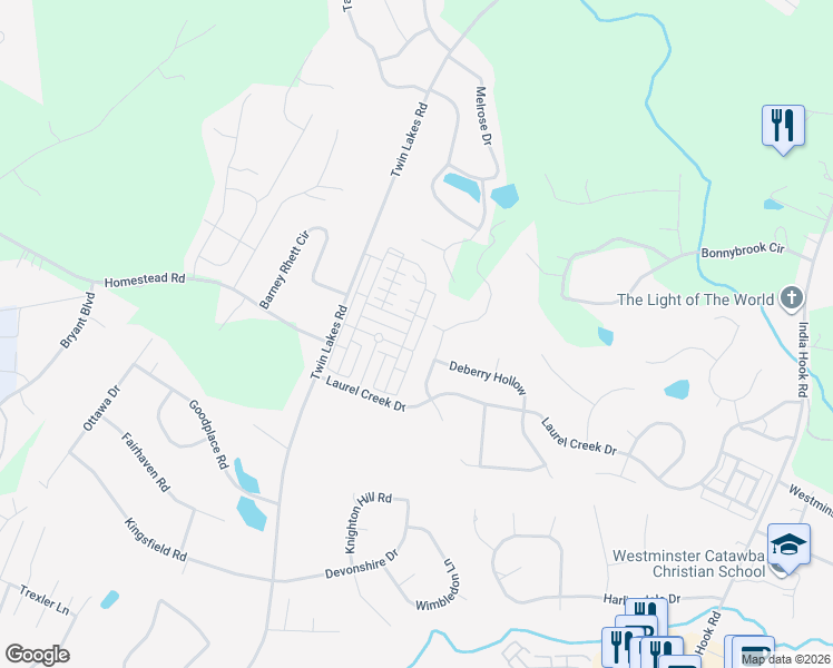 map of restaurants, bars, coffee shops, grocery stores, and more near 348 Quinby Way in Rock Hill