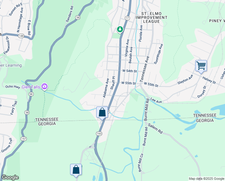 map of restaurants, bars, coffee shops, grocery stores, and more near 5513 Saint Elmo Avenue in Chattanooga