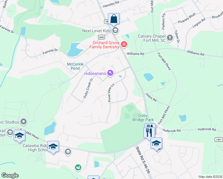 map of restaurants, bars, coffee shops, grocery stores, and more near 213 Pond View Lane in Fort Mill