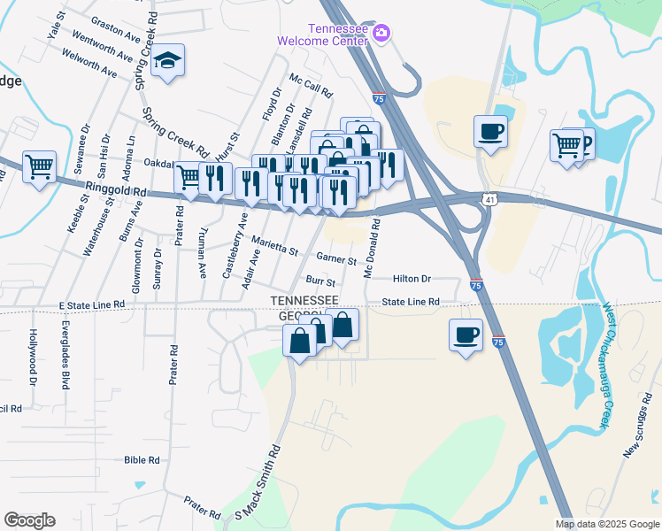 map of restaurants, bars, coffee shops, grocery stores, and more near 6510 Garner Street in Chattanooga