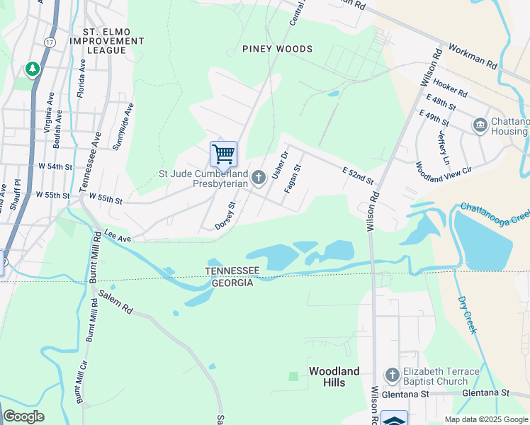 map of restaurants, bars, coffee shops, grocery stores, and more near 5314 Usher Street in Chattanooga
