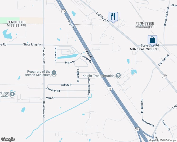 map of restaurants, bars, coffee shops, grocery stores, and more near 6404 Garrison Lane in Olive Branch