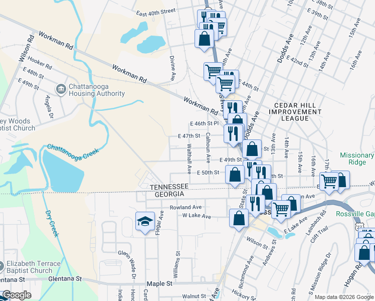 map of restaurants, bars, coffee shops, grocery stores, and more near 1418 East 48th Street in Chattanooga