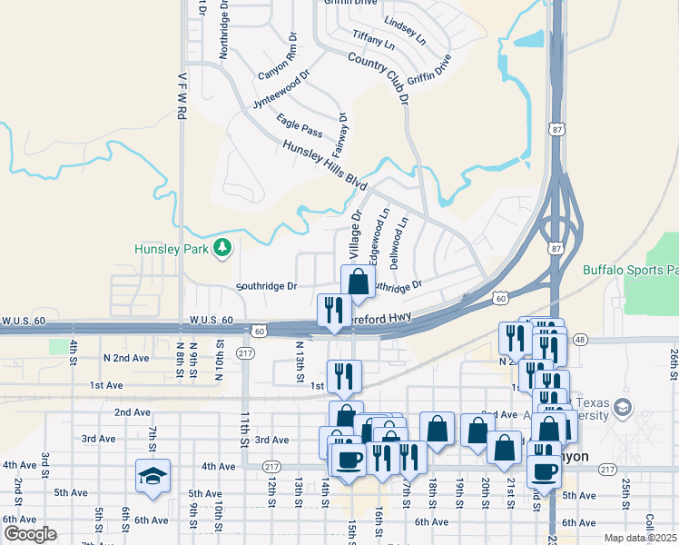 map of restaurants, bars, coffee shops, grocery stores, and more near 4 Greenwood Lane in Canyon