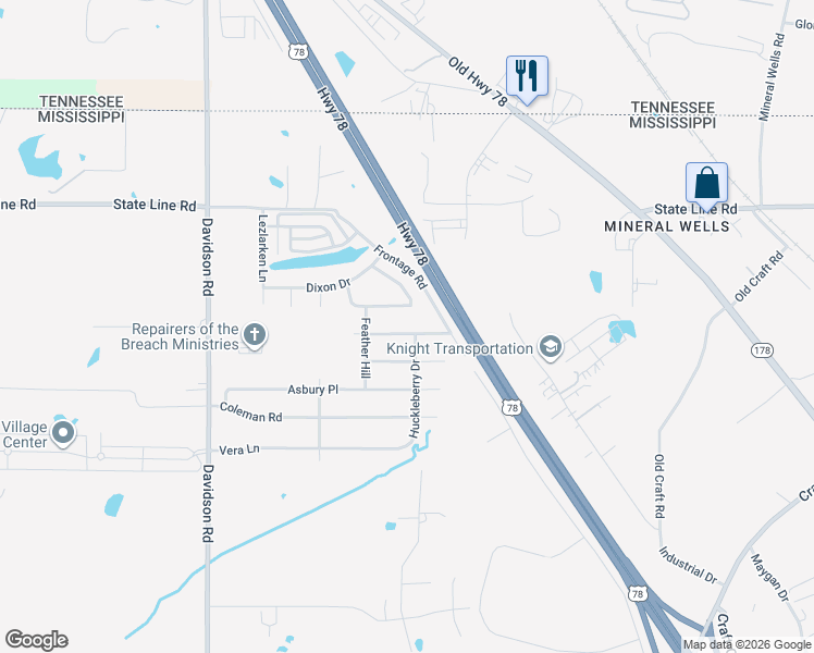 map of restaurants, bars, coffee shops, grocery stores, and more near 6390 Garrison Lane in Olive Branch