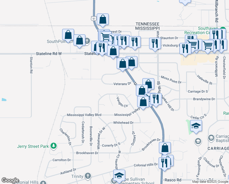 map of restaurants, bars, coffee shops, grocery stores, and more near 1844 Southaven Circle West in Southaven