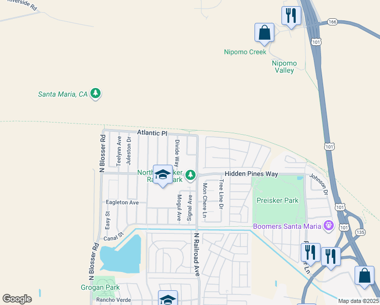 map of restaurants, bars, coffee shops, grocery stores, and more near 2435 Bicknell Avenue in Santa Maria