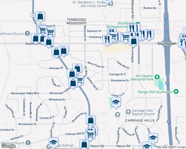 map of restaurants, bars, coffee shops, grocery stores, and more near 1400 Ranger Drive in Southaven