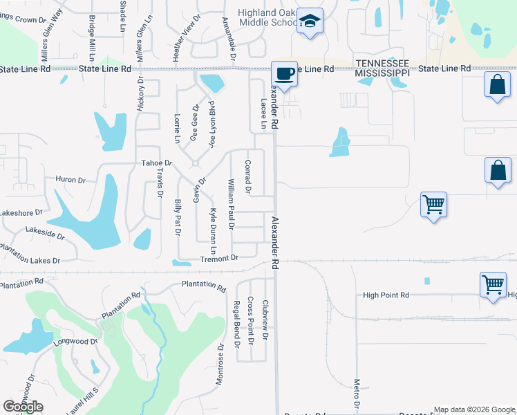 map of restaurants, bars, coffee shops, grocery stores, and more near 9932 Vista Ridge Drive in Olive Branch