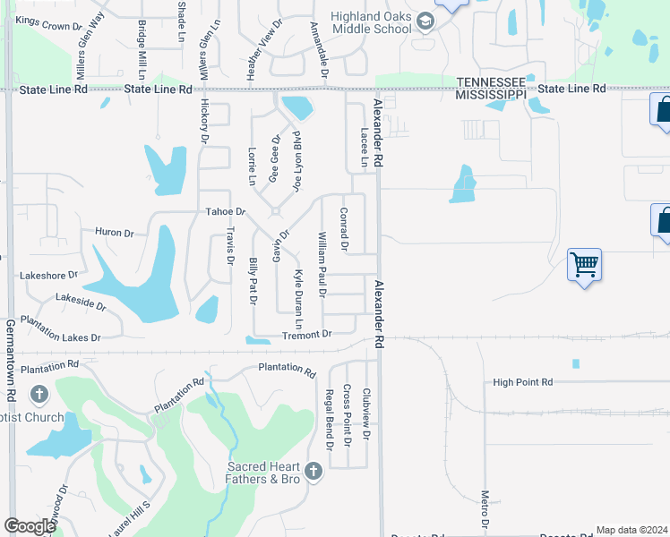 map of restaurants, bars, coffee shops, grocery stores, and more near 9890 Vista Ridge Drive in Olive Branch