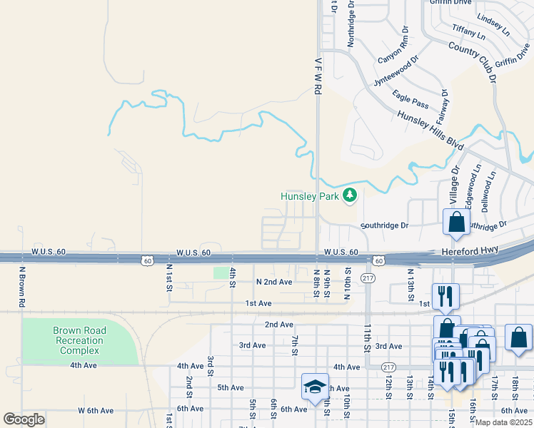 map of restaurants, bars, coffee shops, grocery stores, and more near 25 Creekside Lane in Canyon