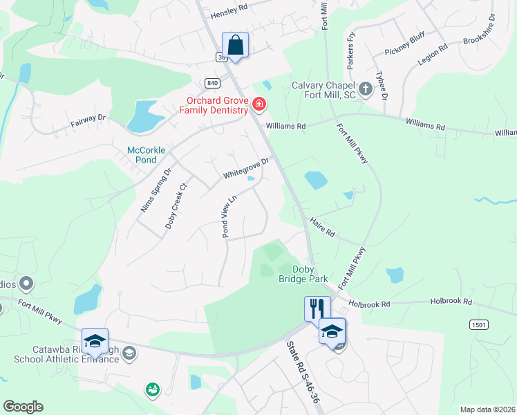 map of restaurants, bars, coffee shops, grocery stores, and more near 110 Pebble Creek Crossing in Fort Mill