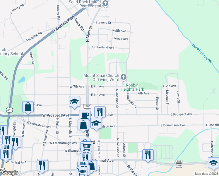 map of restaurants, bars, coffee shops, grocery stores, and more near 304 East 7th Avenue in Raeford