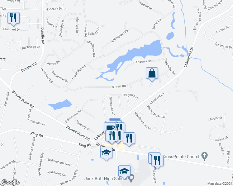 map of restaurants, bars, coffee shops, grocery stores, and more near 3213 Cragburn Place in Fayetteville