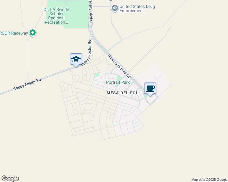 map of restaurants, bars, coffee shops, grocery stores, and more near 2327 Stieglitz Avenue Southeast in Albuquerque