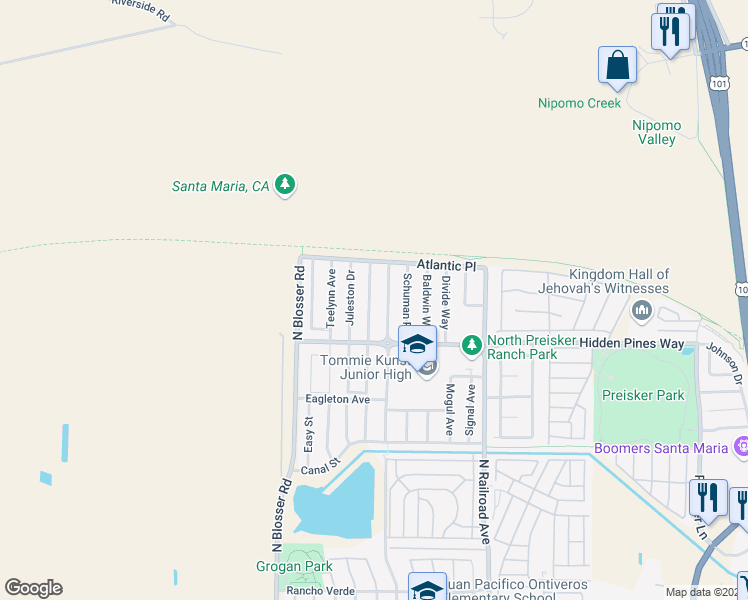 map of restaurants, bars, coffee shops, grocery stores, and more near 2434 Bentley Avenue in Santa Maria