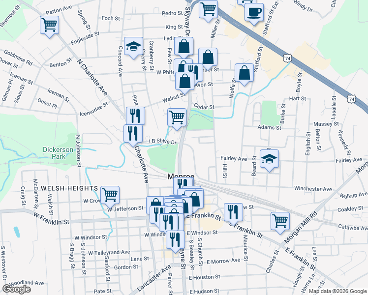 map of restaurants, bars, coffee shops, grocery stores, and more near 102 Winchester Avenue in Monroe