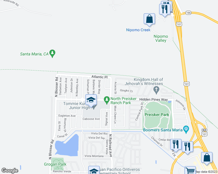 map of restaurants, bars, coffee shops, grocery stores, and more near 2433 North Railroad Avenue in Santa Maria