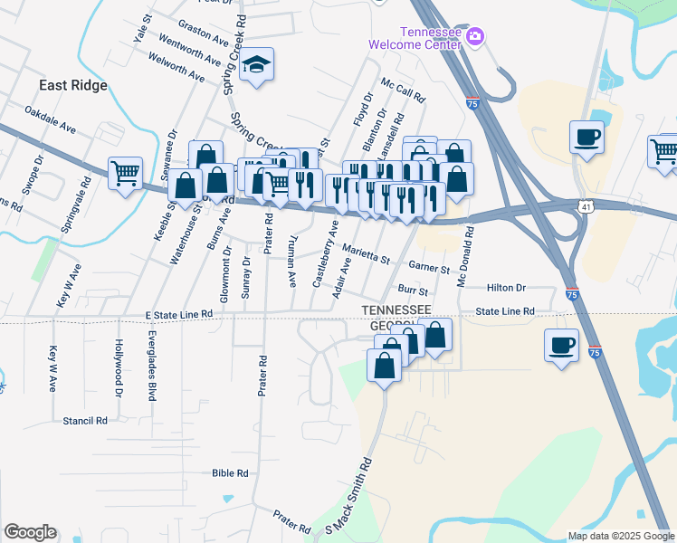 map of restaurants, bars, coffee shops, grocery stores, and more near 1612 Castleberry Avenue in Chattanooga