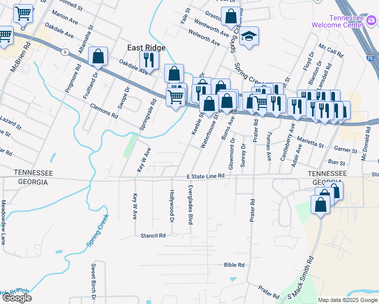map of restaurants, bars, coffee shops, grocery stores, and more near 1645 Keeble Street in Chattanooga